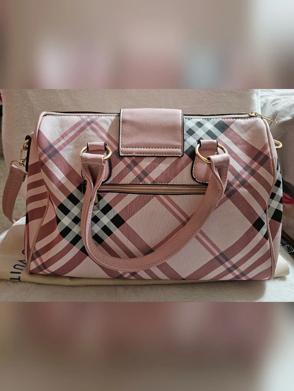Pink Plaid Satchel Handbag with Gold Hardware